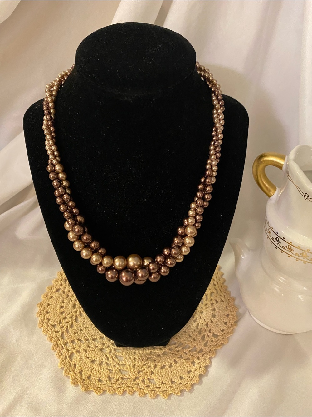 Triple-Strand Bronze Pearl Necklace — Timeless Layered Style